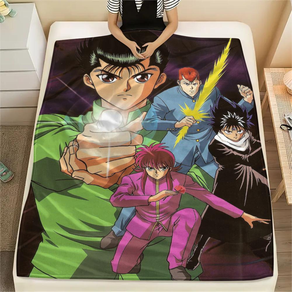 1Pc YuYu Hakusho Print Flannel Blanket, High quality Comfortable for All Seasons, Home Decor, Warmth and Comfort, Perfect for Christmas Gifts