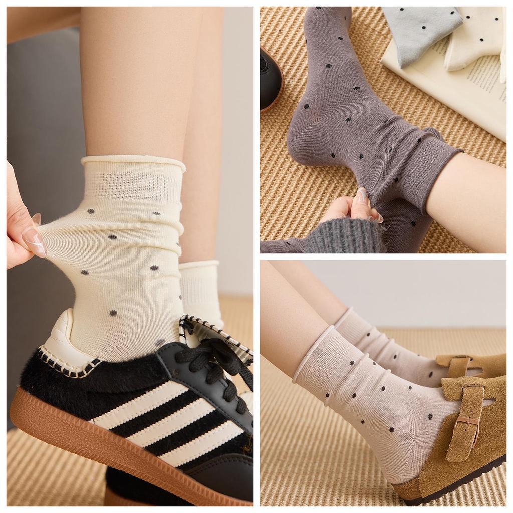 Women's Fall Ballet-Style Polka Dot Mid-Calf Cotton Scrunch Socks with Rolled Edge