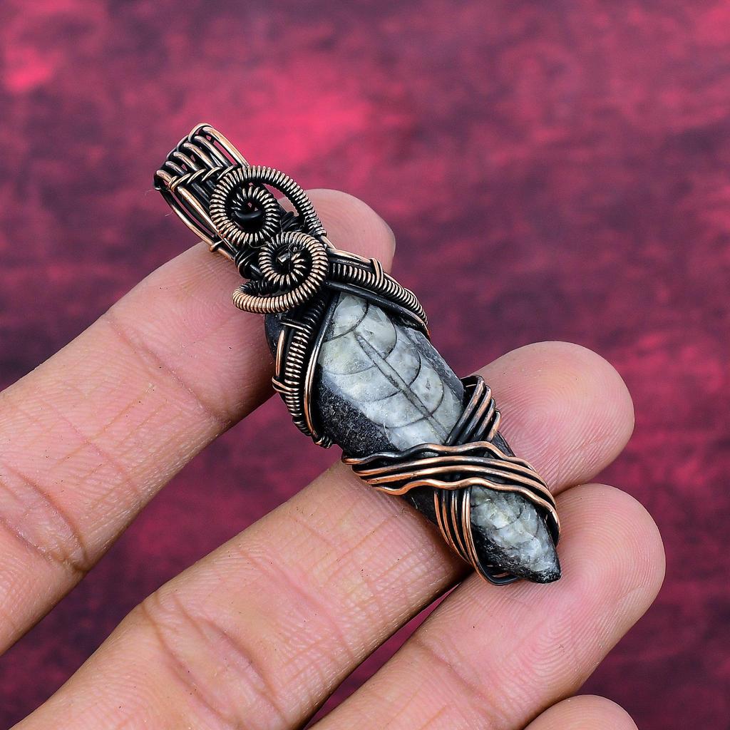 Orthoceras Fossil Pendant Handmade Pendant Gemstone Copper Wire Wrapped Jewelry