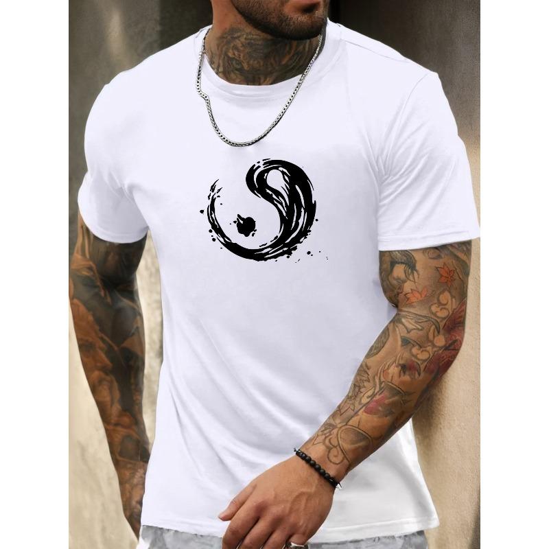 European size Men's Symbol T-Shirt, Solid Color Round Neck Summer Casual Tee Suitable for Training & Casual Attire
