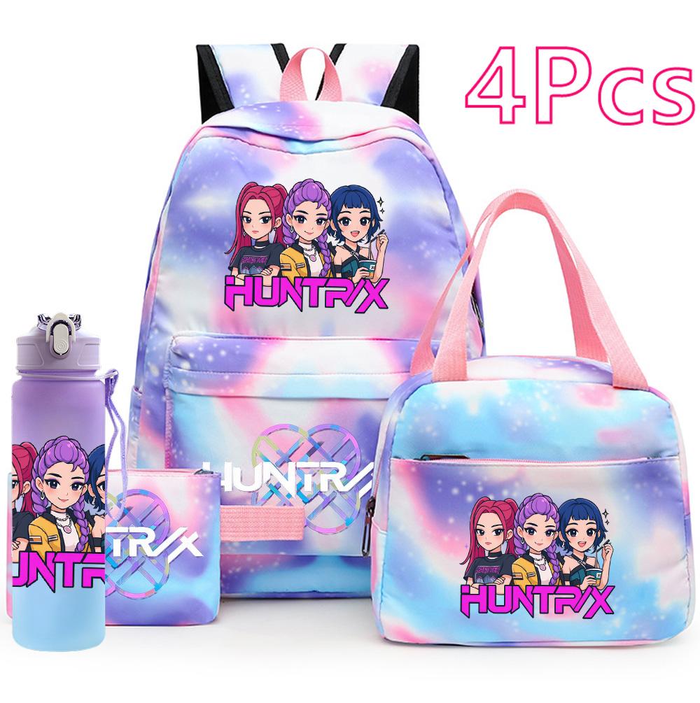 4Pcs/set Anime K-Pop Printed Backpack Handbag Pencil Case with 750Ml Water Bottler for Teenager Boy Girl Schoolbag Large Capacity Bookbag Mochila