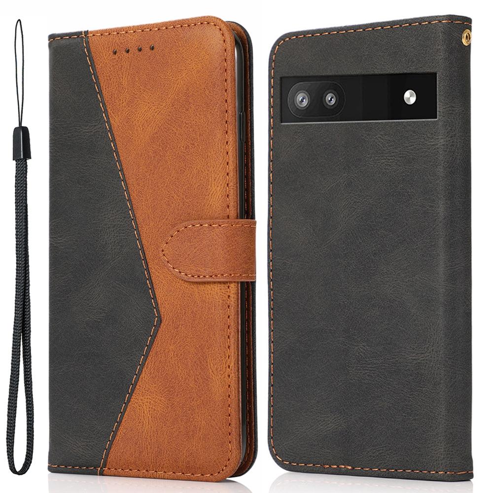 

For Google Pixel 7a Splicing Wallet Phone Case Folio Flip PU Leather Stand Phone Cover Black+Brown