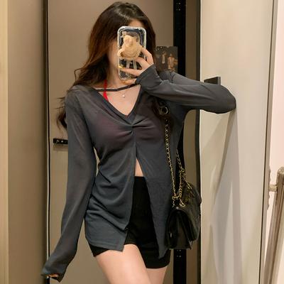 2025 Frühling Sommer V-Ausschnitt Sonnenschutz Dünn Lässig Locker Langarm T-Shirts Casual Locker Uni Perspektive Vorne und Hinten Doppel-Top für Damen T-Shirt
