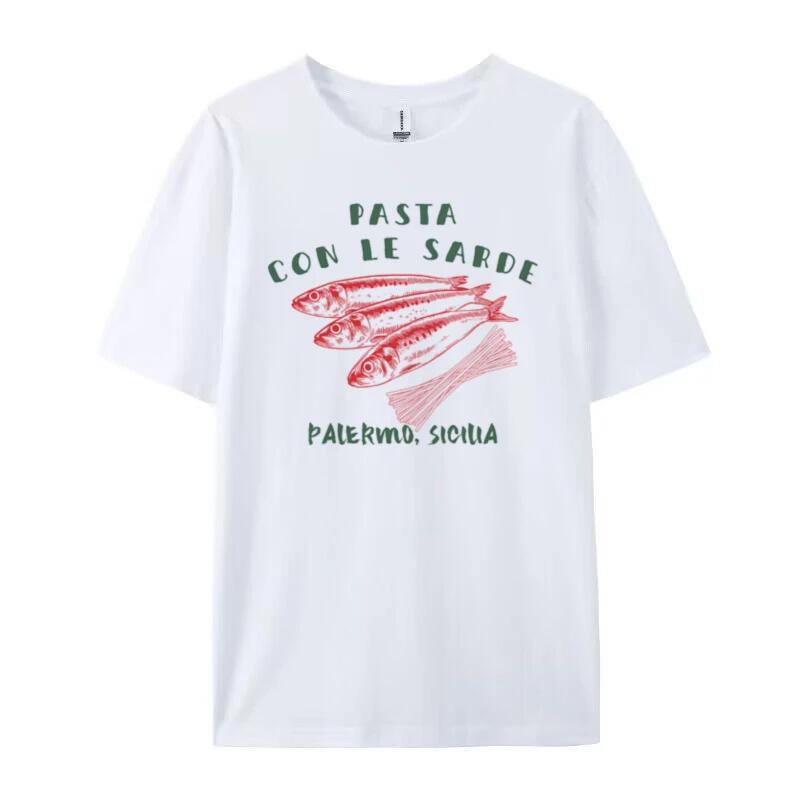Women Retro Sicily Pasta Sardine T Shirt Cute Aesthetic Italian Food TShirts Pasta Lover Shirt Tomato Girl Summer Graphic Tees S