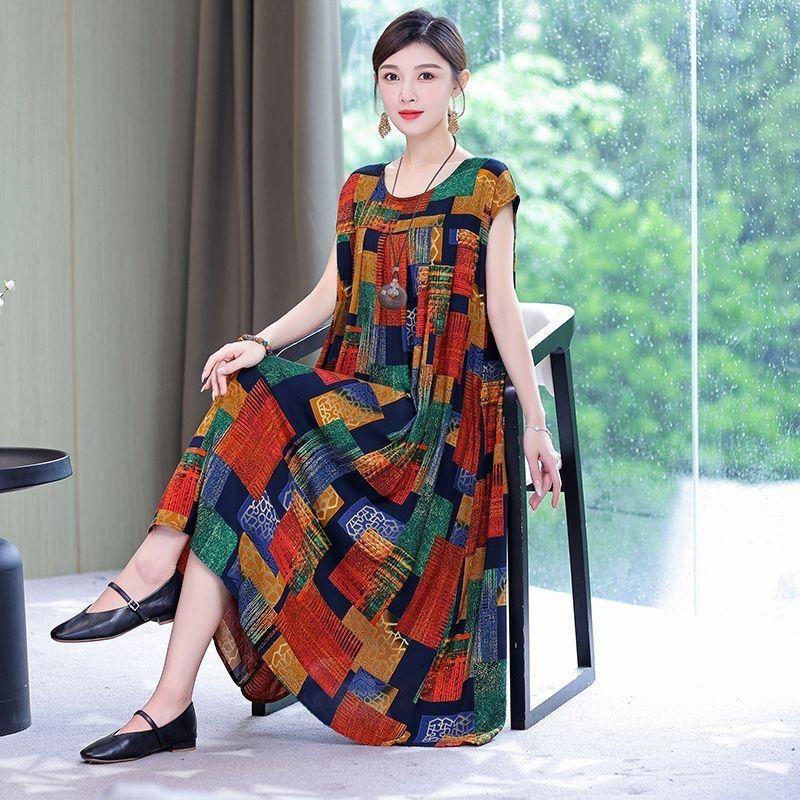 Fashion Casual Summer Dress for Women Print Loose O-Neck Cotton Women Clothing Dresses Plus Size