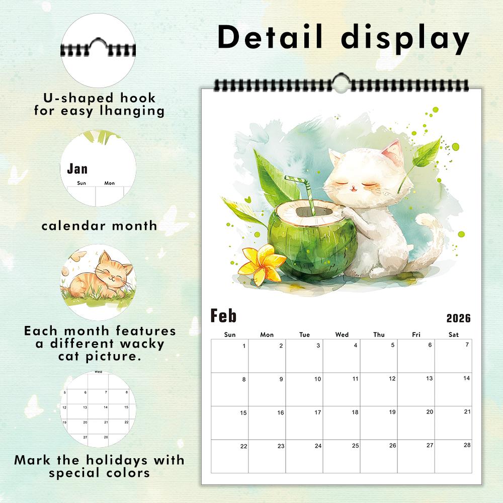1pc, 2026 Cartoon Cute Cat Theme Calendar, 12 Different Designs, Wall Calendar, Birthday, Christmas, New Year Gift, US Standard