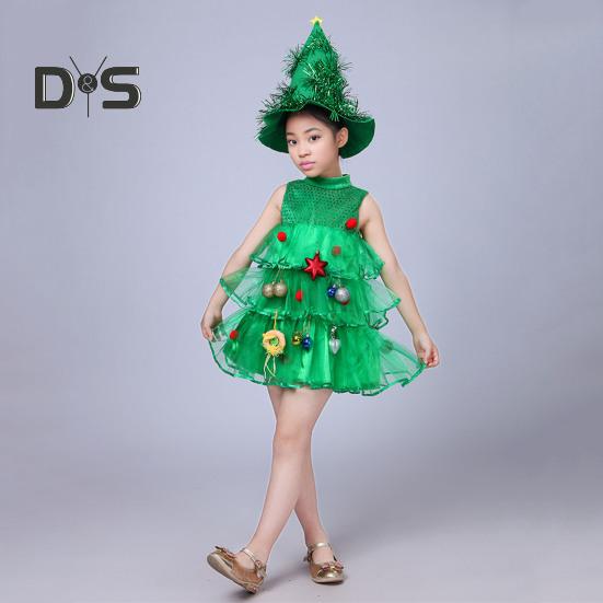 Children Christmas Dress Multi Pendant Decor Scattered Cake Hem Sleeveless Stand Collar A-line Cosplay Stage Show Performance Mini Dress