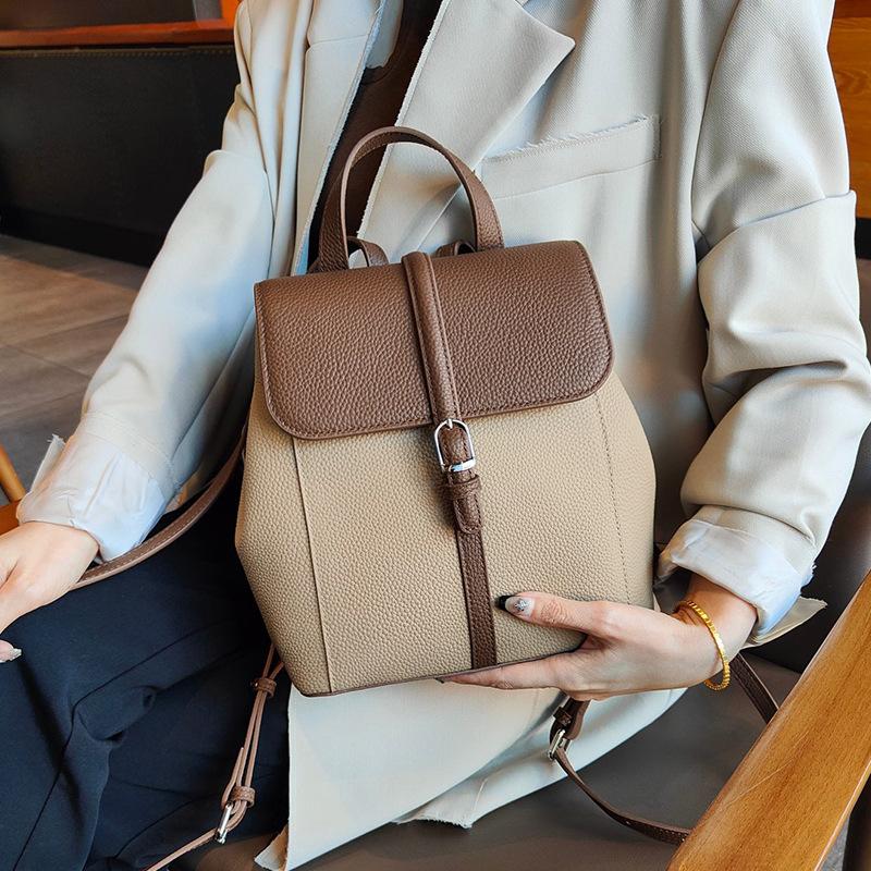 Contrast Color Fashion Backpack for Women 2025 New Large Capacity Genuine Leather Mom Bag Casual Ladies Soft Cowhide Backpack