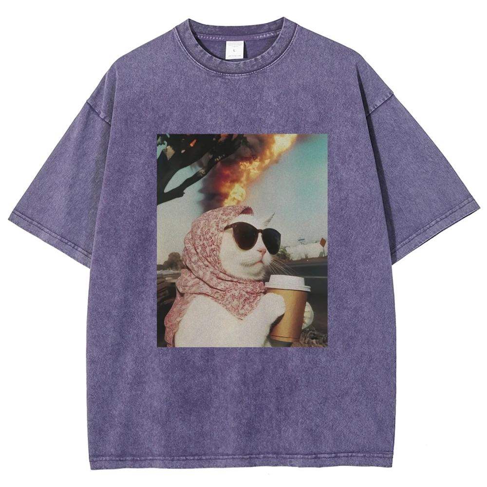 Cool Cat Meme T Shirts Unisex Washed Tees Men Women's Fashion Casual Short Sleeve T-shirts Cotton Oversized T-shirt