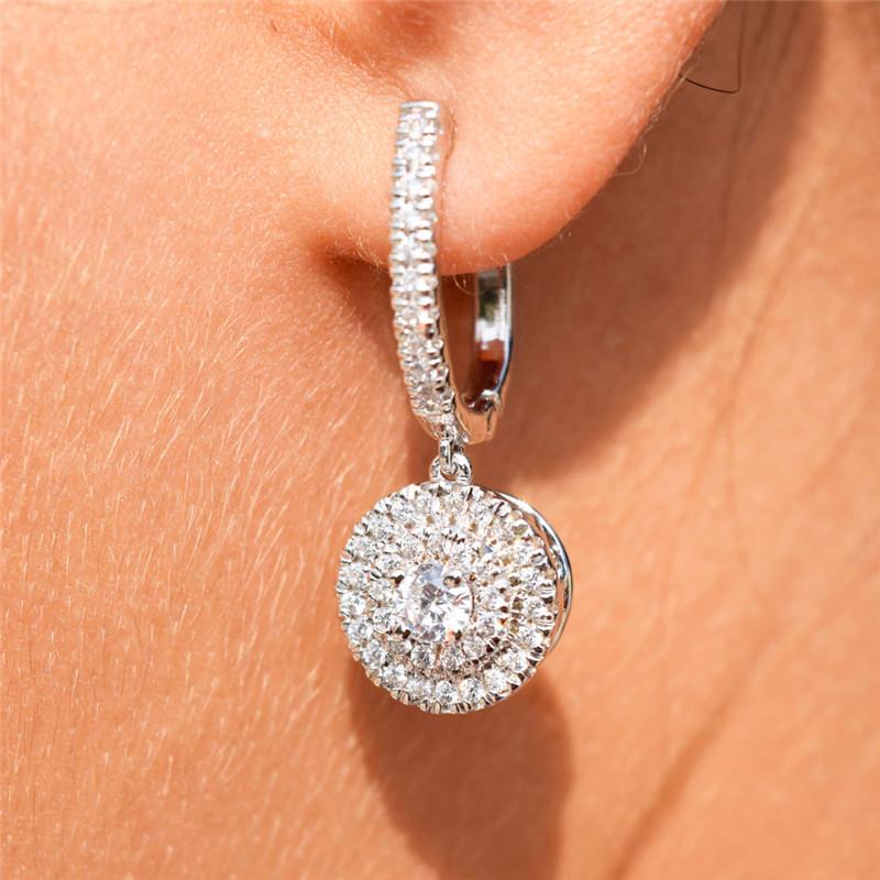Full Pave Double Halo Round Pendant Click Hoop Drop Earrings Shiny Stone Encrusted Huggie Dangle Ear Rings for Women Party Wedding Jewelry
