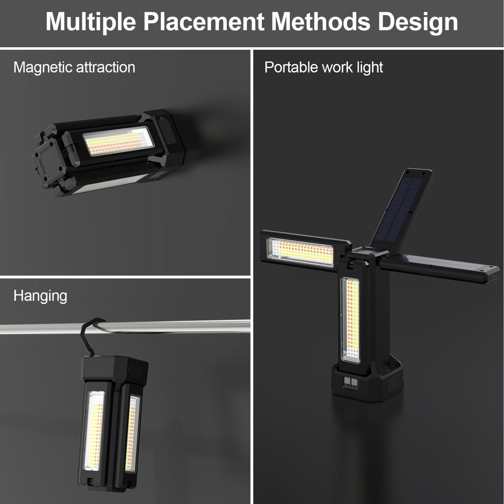 8000lm Ultra-Bright LED Work Light, USB Rechargeable, Solar Charging, 4 Lighting Modes, 3 Color Switching Modes (Daylight, Warm White, Warm White),