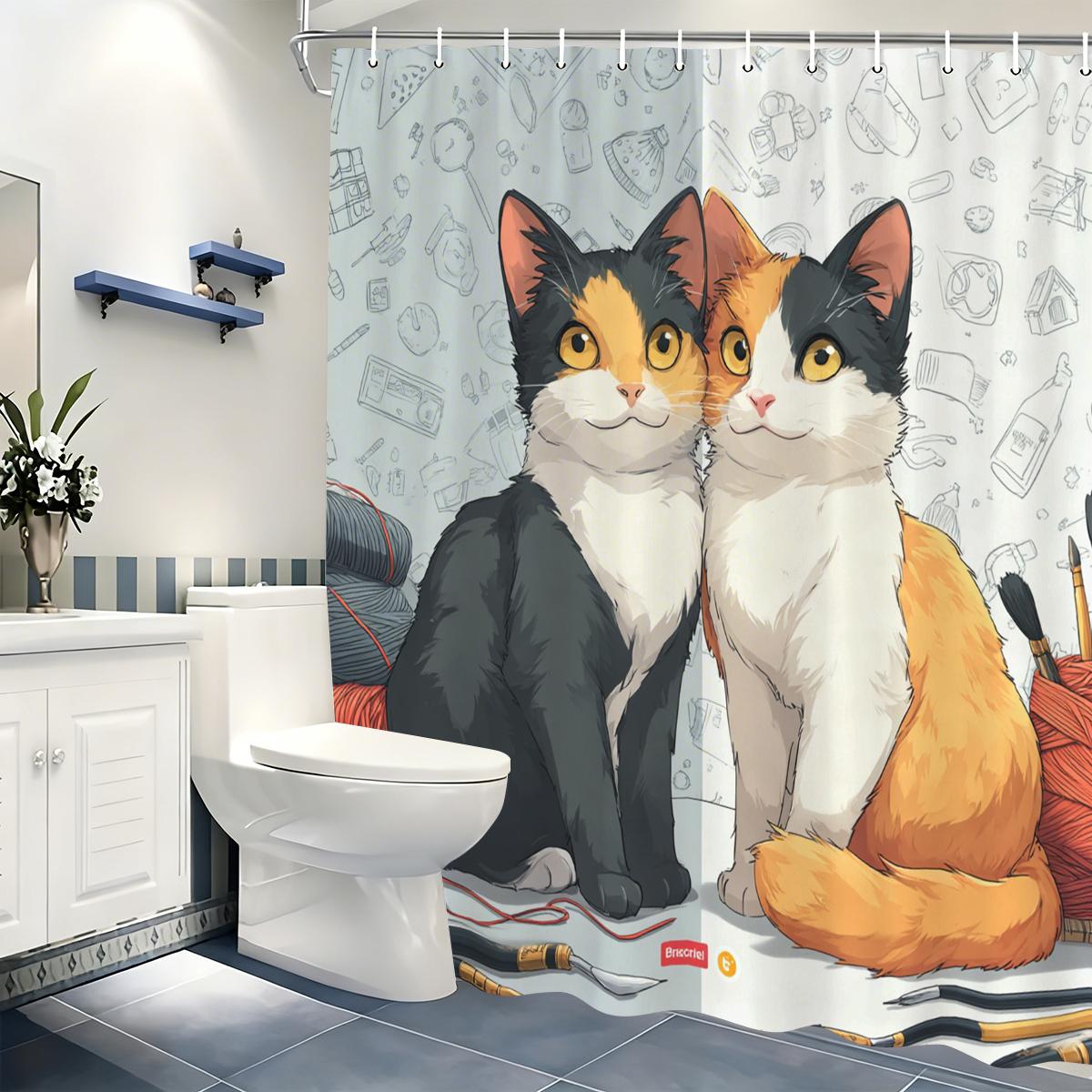 Cute Cartoon Cat Pattern Polyester Shower Curtain - Lovely Bath Curtain, Decorative Bathroom Polyester For Home (as the picture,W90xH180cm)