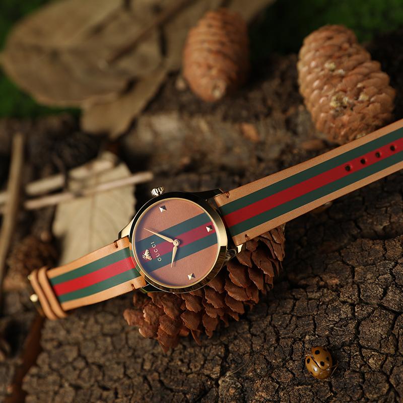 Gucci G-Timeless Series Watch Quartz Movement Leather Strap Brown Dial Vintage Red And Green Bee Unisex Watches YA1264077
