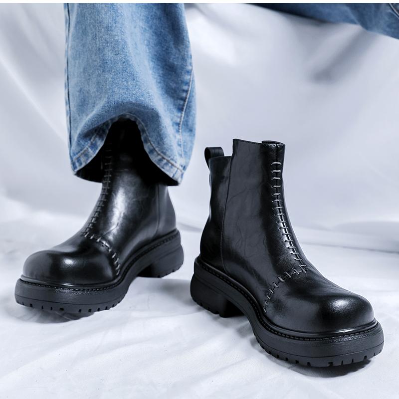 Men's genuine leather boots Classic casual style Work and Office Business Outdoor fashion autumn winter shoes Black Thick Bottom
