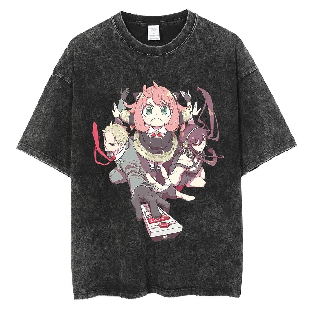 Spy x Family Forger Family Remote Control Scene Vintage Washed Anime T-Shirt, Unisex Comedy Anime Fan Streetwear Tee, 100% Cotton Casual Short Sleeve L