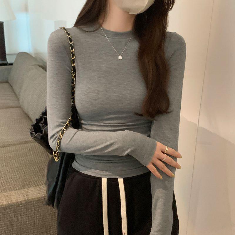 

Women s Slim Fit Long Sleeve T-Shirt - Solid Color, Semi-High Neck, New Spring/Summer Style, Versatile Base Layer S (80-90 lbs)