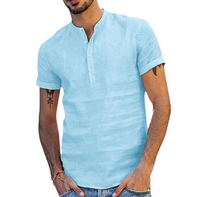 Chemise Henley pour homme, couleur unie, respirante, col boutonné, manches courtes, coupe ample, décontractée, en coton, légère, douce et confortable.