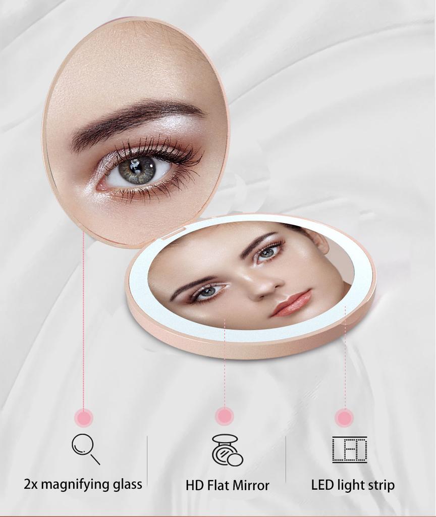 Women Use Face Beauty Care Tool Convenient To Carry Handheld Mirror LED Light Desktop Makeup Mirror