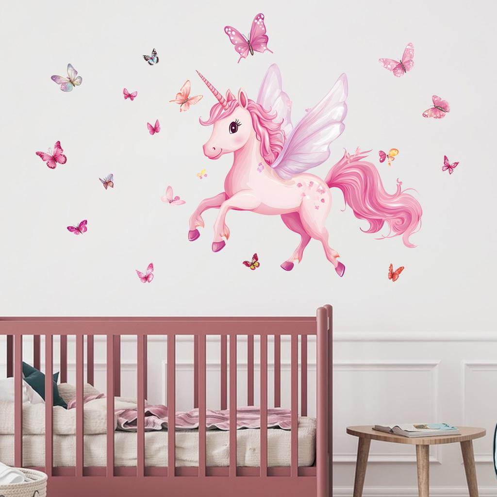 Creative Pink Butterfly Unicorn Wall Stickers, Fantasy Background Decals for Kids Room Bedroom, Removable