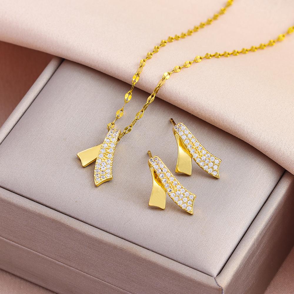 New Fashion Gold Plated Necklaces Earrings Sets For Women Female Trendy Party Jewelry Girls Daily Wear Neck Chain Earrings