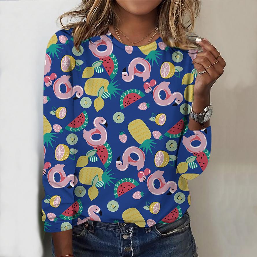 

Топы для женщин с принтом фруктов и арбузов, круглый вырез, длинный рукав, футболка, осенний повседневный тонкий пуловер, женский топ с длинным рукавом 8XL синий