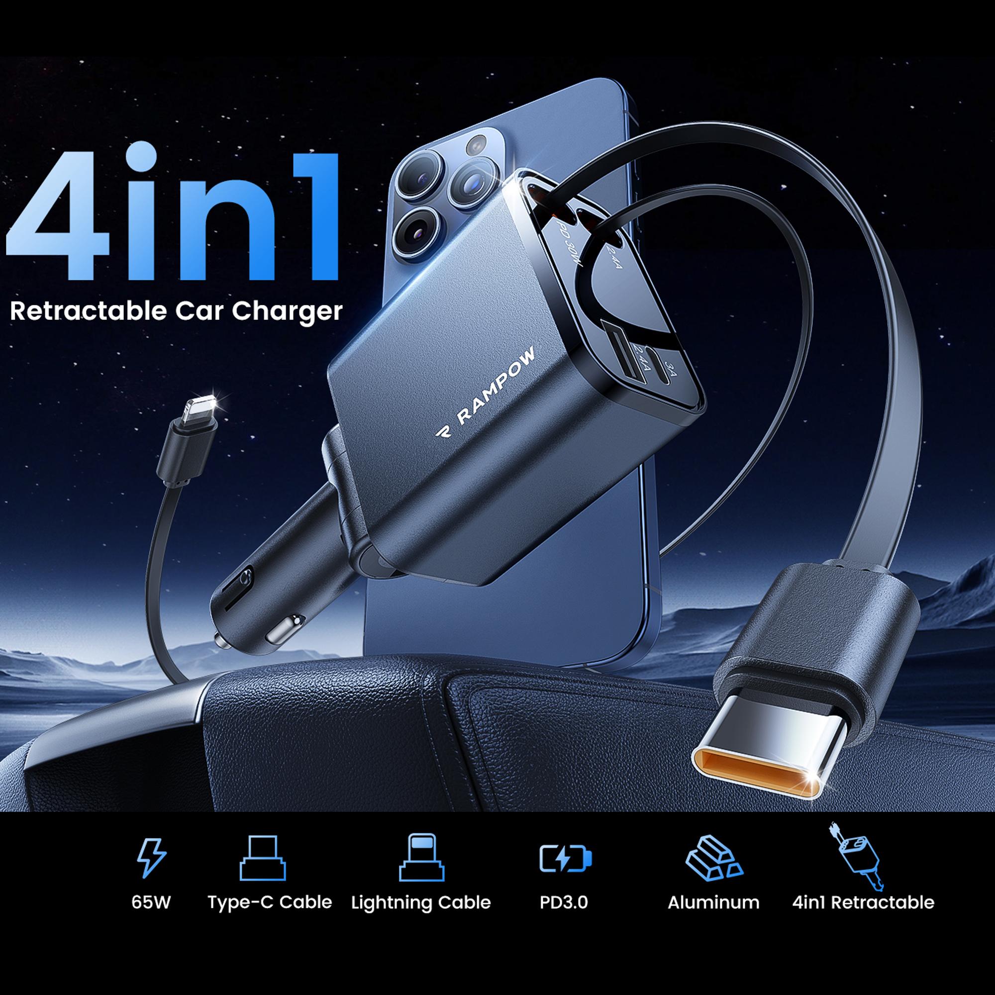 

RAMPOW 50W Car Charger USB + Type-C Output Charging Station with Retractable Type-C + 8-Pin Cables Black