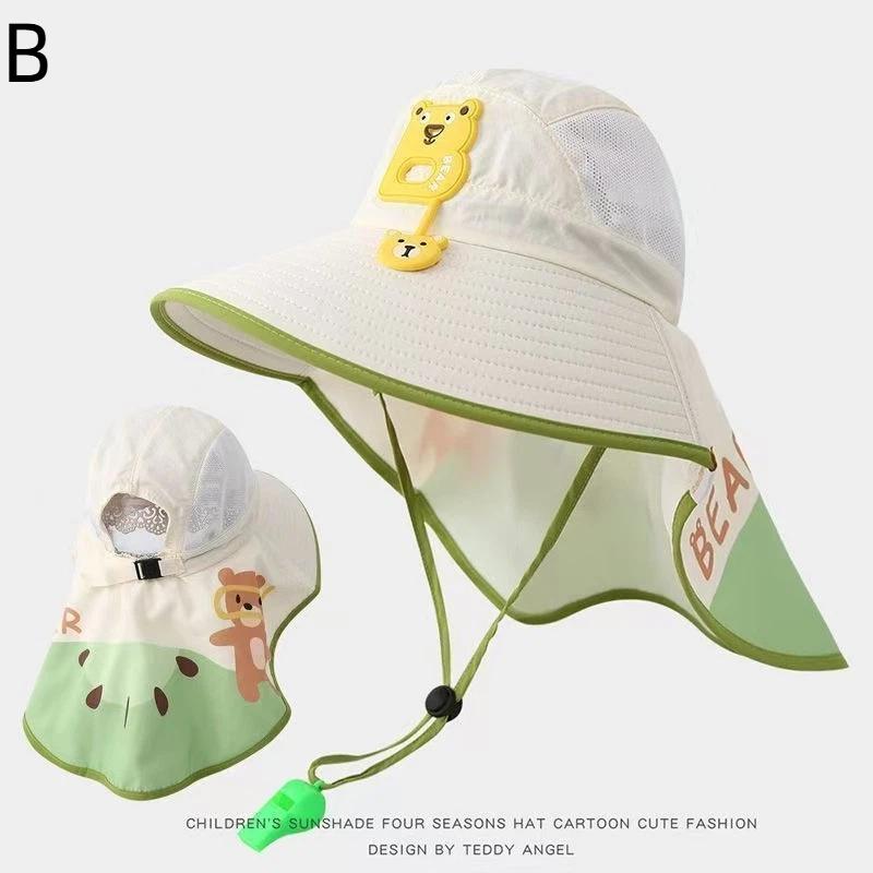 Cartoon Children'S Sunscreen Hat Beach Hat Uv Protection Summer Thin Breathable Large Brim Fisherman Hat With Windproof Rope
