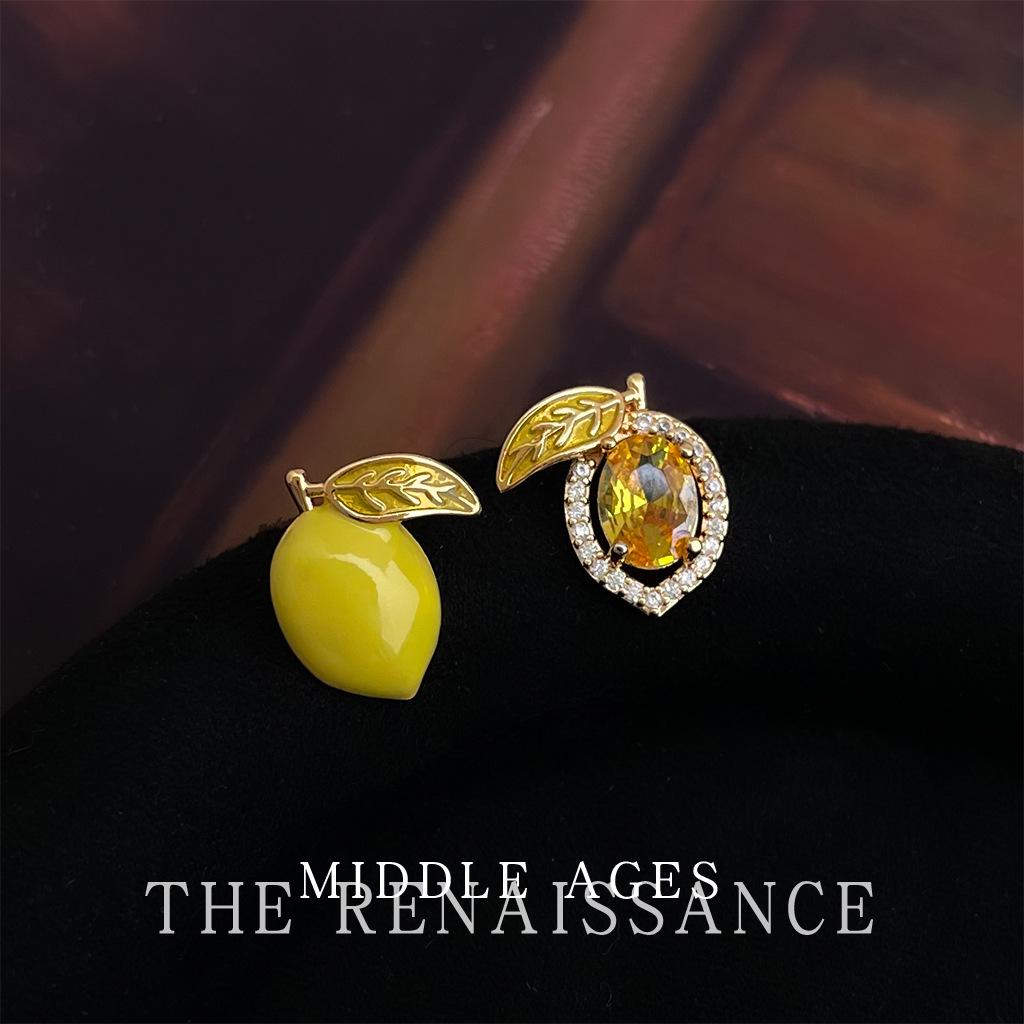 Lemon season~ enamel dripping oil asymmetric zircon lemon stud earrings, sweet temperament, small fresh earrings women