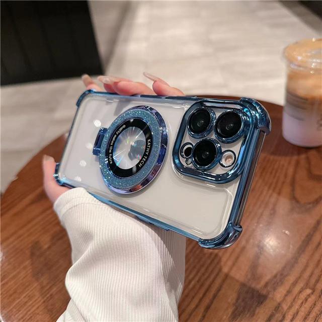 For iPhone 16E 16 Pro Max Luxury Flash Holder Stand Plating Frame Phone Case For iPhone 11 12 13 14 15Plus Lens Protective Cover