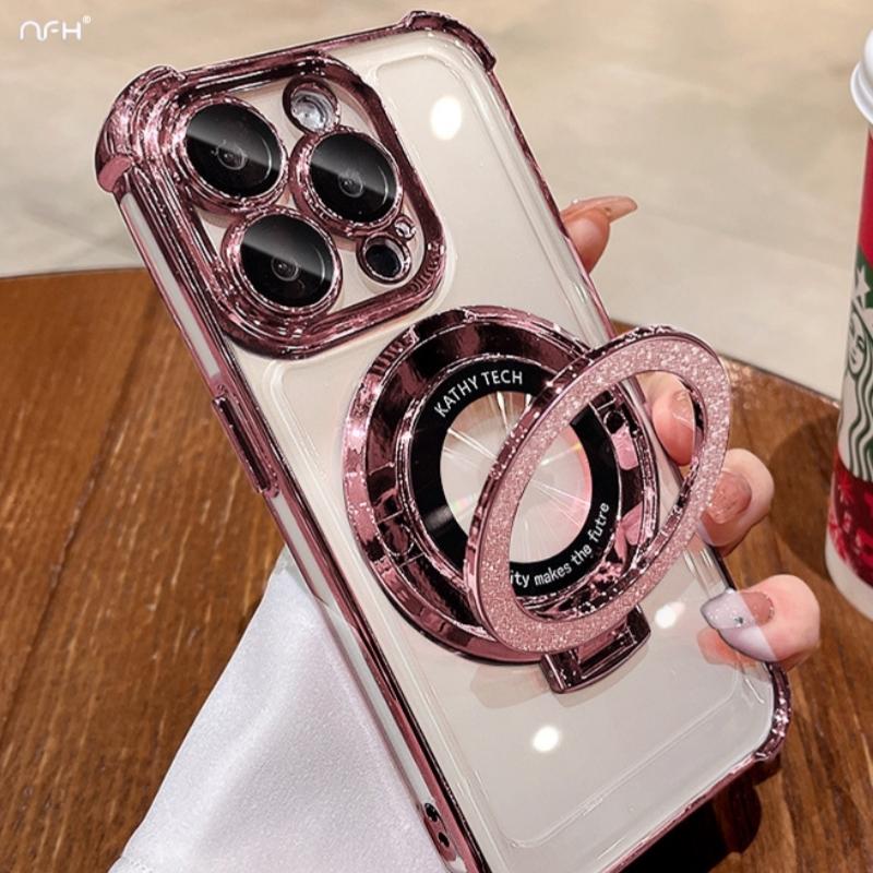 For iPhone 16E 16 Pro Max Luxury Flash Holder Stand Plating Frame Phone Case For iPhone 11 12 13 14 15Plus Lens Protective Cover