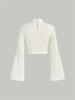 Women Textured Mock Neck Flare Long Sleeve Crop Top Elegant Preppy Style Y2K Rib Knit Slim T Shirt Blouse