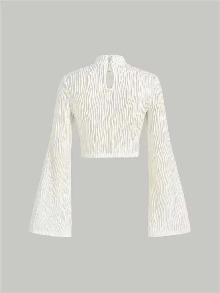 Women Textured Mock Neck Flare Long Sleeve Crop Top Elegant Preppy Style Y2K Rib Knit Slim T Shirt Blouse