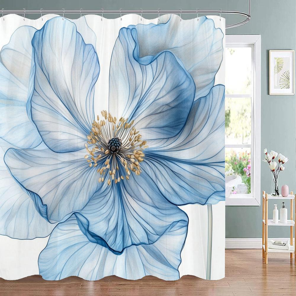 Beautiful Blue Flowers Shower Curtain, Floral Art Bathroom Decorative Shower Curtain, Print Polyester Fabric Curtain with Hooks