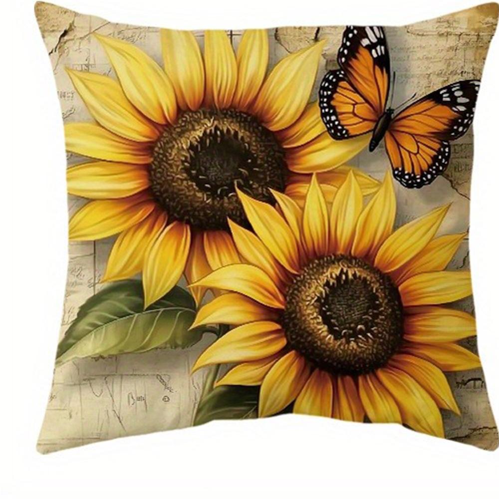Vintage - Style Sunflower - Butterfly Pillow CoversLiving Room Sofa Cushion Cover, Soft and Comfortable, Bedroom Room Decoration