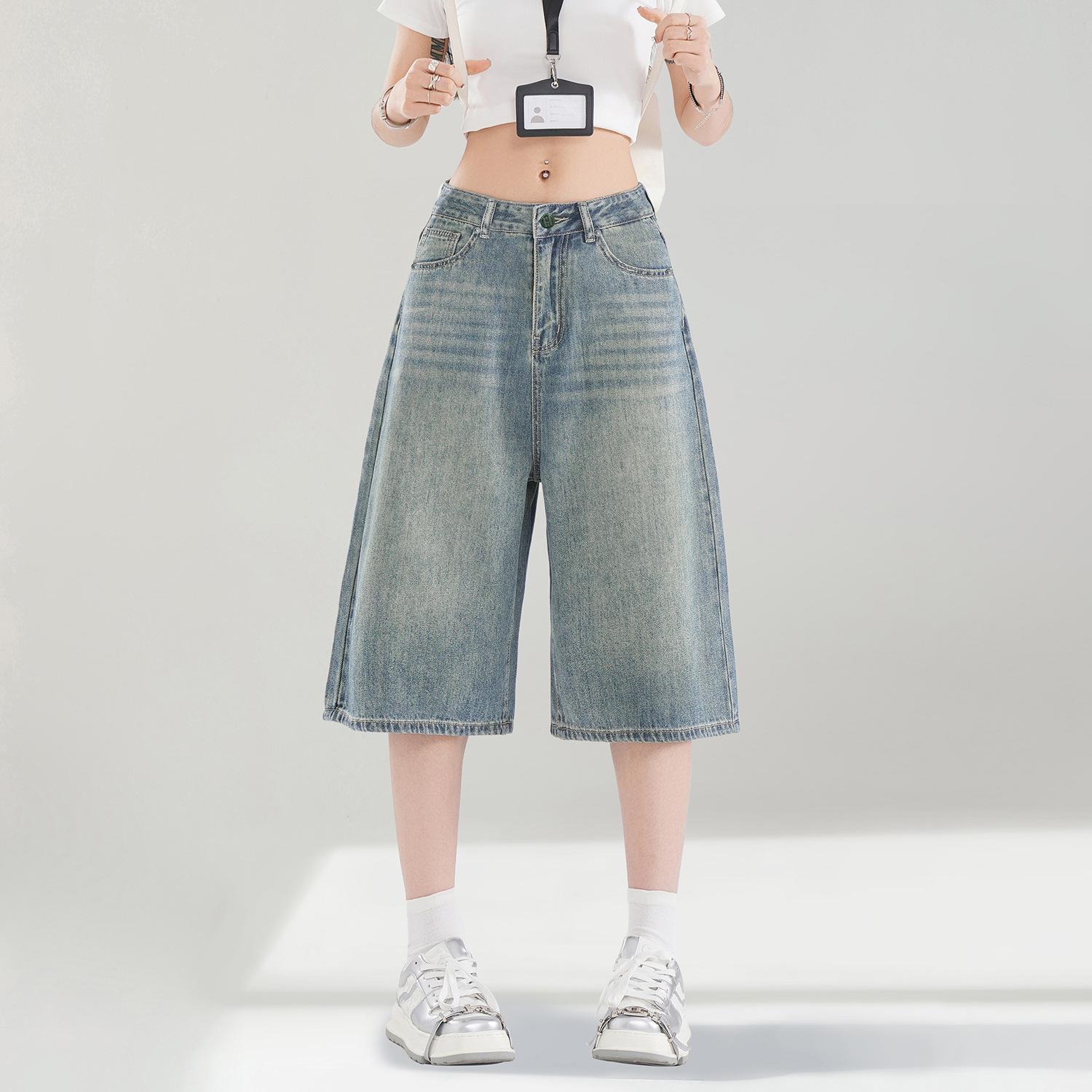 Women s Retro Color Denim Capris - Summer 2026 High Waist Distressed Wide Leg Pants Small