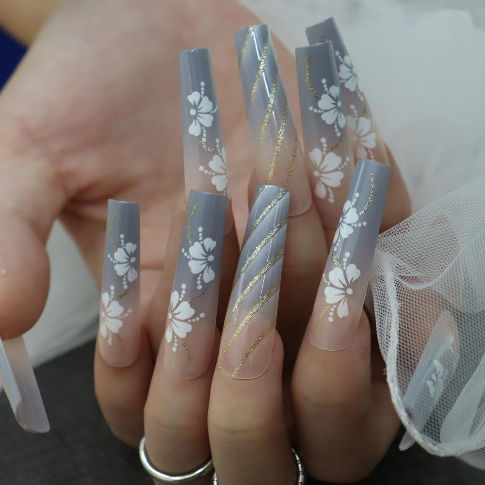24Pcs White French Tip False Nails Long Ballerina Coffin Shape With Butterfly And Pearl Decor Full Cover Press On Nail Tips