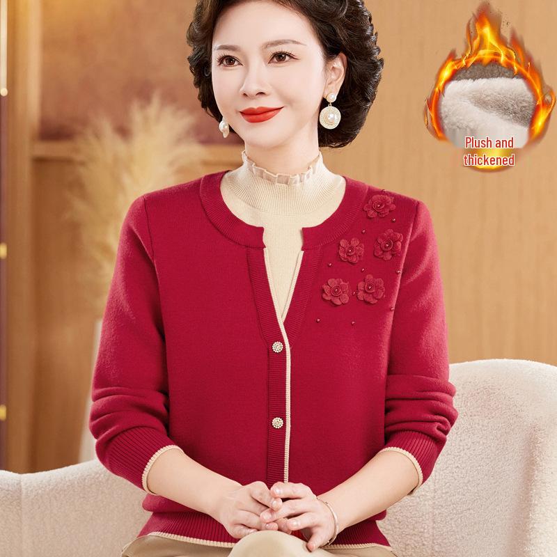 2025 New Autumn/Winter Faux Two-Piece Plus Velvet Sweater for Middle-Aged & Elderly Women, Warm Velvet Base Layer Shirt