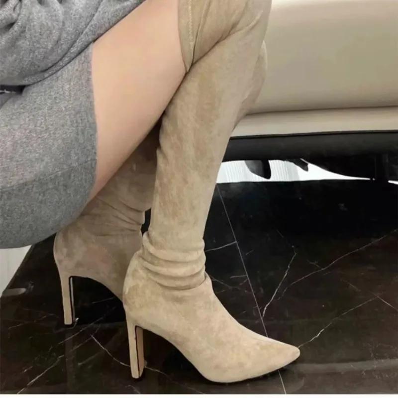 Fashion 2025 New Block Heel Stretch Skinny Boots Long Boots Women's New Suede Sexy Skinny Pointed Toe Small Knee Thin Boots