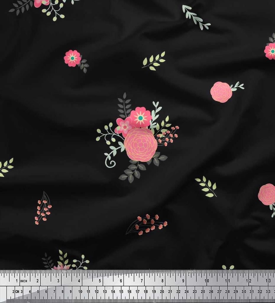 Soimoi Japan Crepe Satin Fabric Leaves,Aster & Camellia Flower Printed Craft Fabric by the Metre 42 Inch