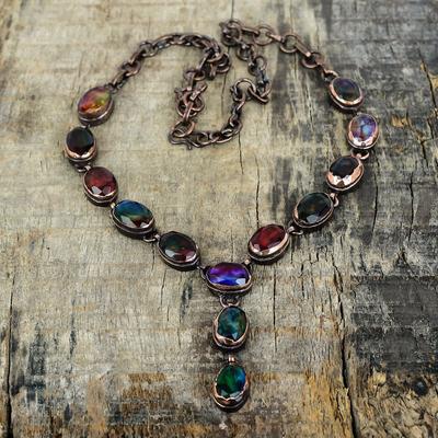 Faceted Ammolite Necklace Electroformed Copper Jewelry Handmade Adjustable Chain Necklace Electroformed Gemstone Necklace Engagement Gifts