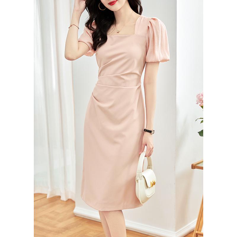 

French Style Slim Square Neck Puff Sleeve Dress XL абрикосовый