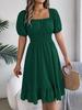 Women's Square Neck Puff Sleeve Pleated Waist Ruffle Hem Dress