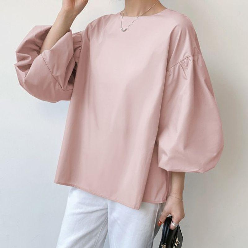 Sweet Summer K-style Fashion Solid Color round Neck Loose Cotton Lantern Sleeve Shoelace Half-Sleeve Shirt Tops Women