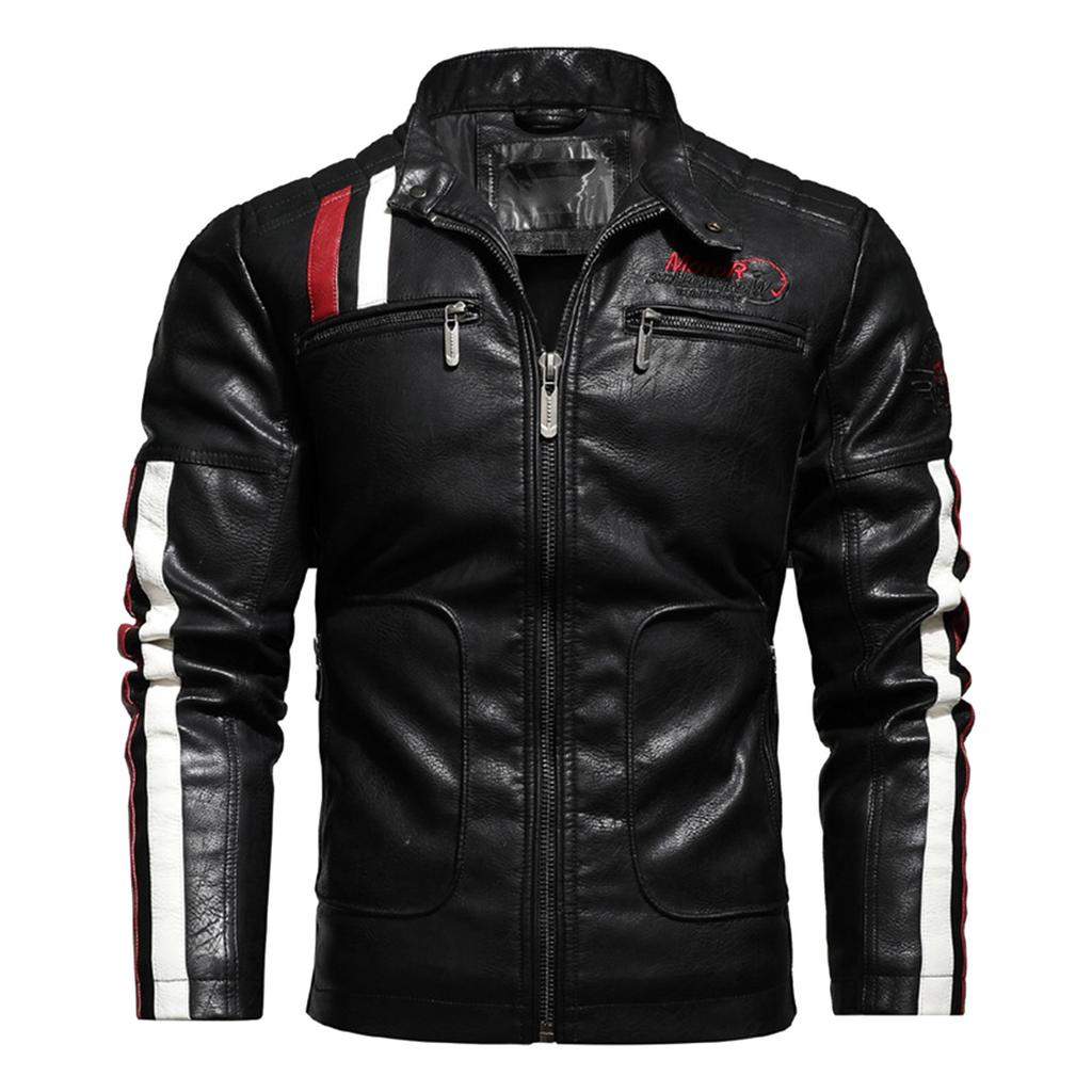 Men's Motorcycle Leather Racing Suit Colorblock Embroidery Motorcycle PU Jacket Windproof Cotton Jacket