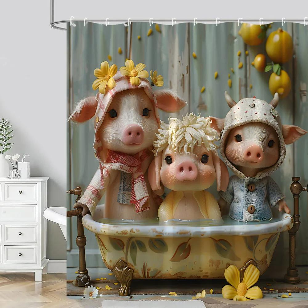 Farm Animals Shower Curtain Funny Pig Sheep Donkey Shower Cartoon Rustic Barn Polyester Fabric Bathroom Decor Curtain Washable