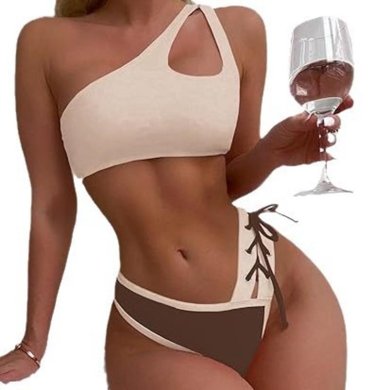 Women’s High-Waist Bikini Set, One-Shoulder Lace Up Tankini Bathing Suit Two-Piece Push-Up Swimwear Set