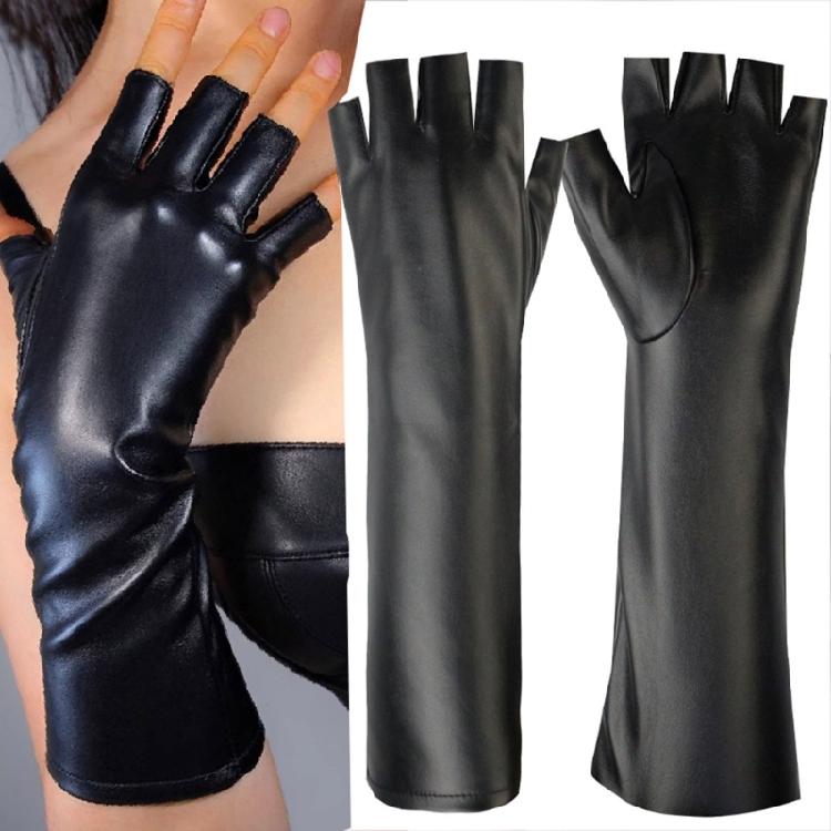 Women Fashionable Fingerless Winter Gloves Extended Wrist Coverage Windproof Faux Leather Gloves With Soft Fleeces Interior