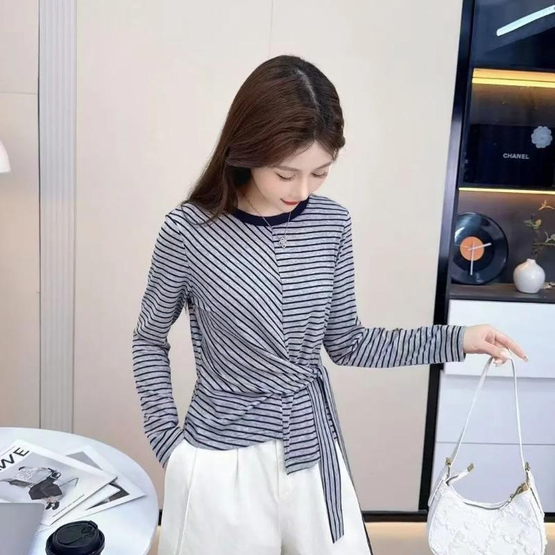 Autumn Korean Design Striped Lace-up Bow Contrast Color Long-sleeved T-shirt Is Versatile and Trendy
