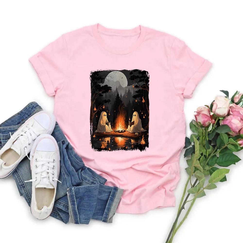 Camping Halloween Geist Buchlesen Shirt Halloween Kostüm Gruselige Jahreszeit T-Shirts Frauen Herbst T-Shirt Halloween Party T-Shirt