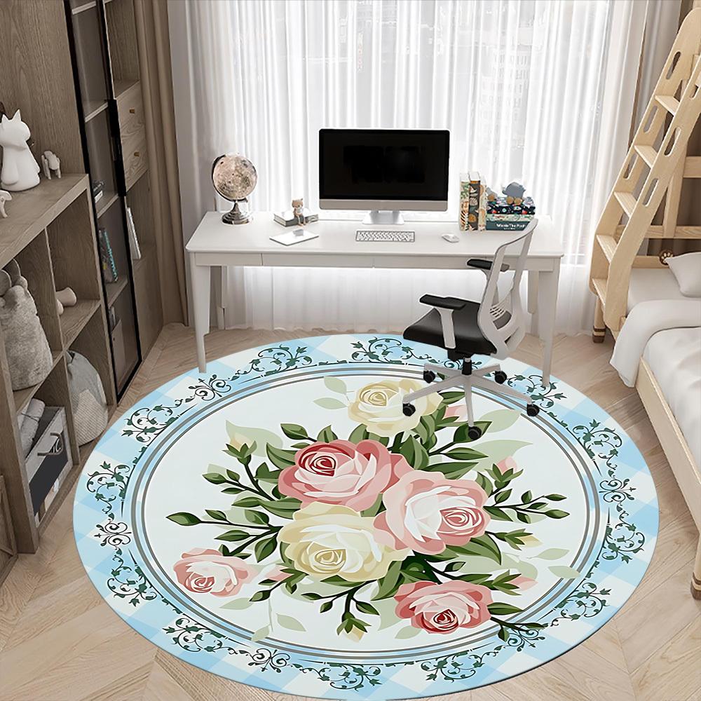 1pc Roses Floral Pattern Office Round Rug, Carpet for Office, Gaming, Lightweight Round Floor Mat Yy260208027